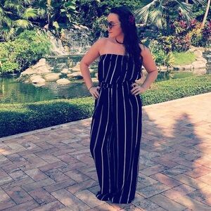 Black + White Striped Tube Top Jumpsuit